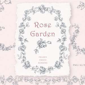 Può includere: Elementi di design digitale con illustrazioni di rose. L'elemento centrale è una cornice ovale con le parole "Rose Garden" in bordeaux. Ulteriori elementi includono bordi floreali, stemmi e bordi in grigio.
