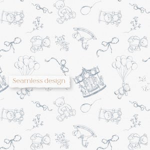 Puede incluir: Un patrón sin costuras con ilustraciones dibujadas a mano de osos de peluche, globos, lazos, un carrusel y flores en un tono azul suave sobre un fondo blanco. Se incluye el texto "Seamless design".