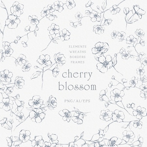Puede incluir: Una colección de ilustraciones de arte lineal en tinta azul que muestran ramas, flores y capullos de cerezo. El texto central dice ELEMENTS WREATHS BORDERS FRAMES cherry blossom PNG/AI/EPS. El diseño está sobre un fondo blanco liso.