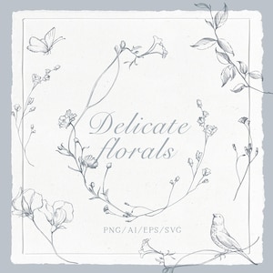 Può includere: Illustrazione floreale delicata con il testo "Delicate florals". L'immagine presenta disegni a tratto di fiori, foglie, una farfalla e un uccello, il tutto in un tenue grigio. Il design è ambientato su uno sfondo strutturato bianco sporco.