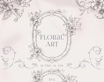 Op de afbeelding: Een digitale grafische set met donkergrijze lijntekeningen van ovale kaders versierd met bloemmotieven en ranken. De tekst luidt FLORAL ART, 12 PNG AI EPS en SVG. De ontwerpen worden gepresenteerd op een lichte, neutrale achtergrond.