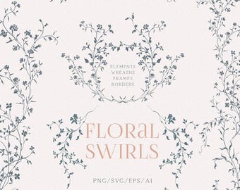 Op de afbeelding: Een collectie van donkerblauwe florale krul-illustraties op een lichtroze achtergrond. De tekst luidt ELEMENTS WREATHS FRAMES BORDERS, FLORAL SWIRLS en PNG/SVG/EPS/AI. Het ontwerp bevat delicate ranken, bladeren en kleine bloemen.