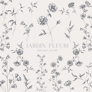 May include: A monochrome illustration featuring detailed botanical drawings of flowers and foliage. The image includes various floral elements, such as roses and other blooms, with the text "JARDIN FLEURI" and file type details. The design is set against a neutral backdrop.