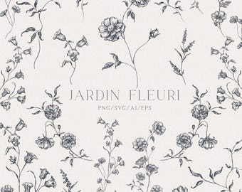 Minimalist Floral Line Art Clipart, Black Outline Botanical Flowers (PNG, SVG, EPS)