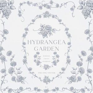 May include: A collection of blue-grey line art illustrations featuring hydrangea flowers arranged in borders, crests, and decorative elements. The text reads HYDRANGEA GARDEN, BORDERS, CRESTS, ELEMENTS, PNG/SVG/VECTOR, and the number 41.