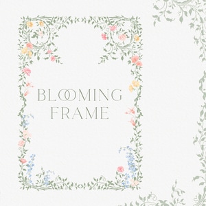 May include: A floral frame design with the text "BLOOMING FRAME". The frame features green vines and pastel-colored flowers in pink, yellow, and blue. The design is set against a white background, perfect for invitations or announcements.