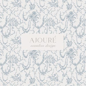 May include: A seamless pattern with a light blue floral design on a white backdrop. The pattern includes stylized flowers, ribbons, and vines. The text "Ajouré seamless design" is displayed in a rectangular box.