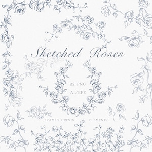 May include: A selection of grey-toned, hand-sketched rose illustrations. The image features floral frames, crests, and individual elements, with the text "Sketched Roses" and details about file formats and quantity.