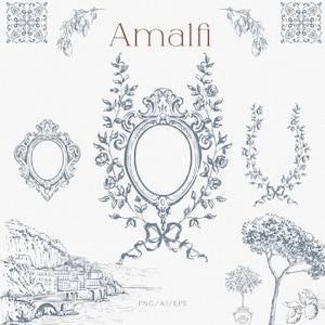 Pode incluir: Uma coleção de ilustrações desenhadas à mão em tons de azul, com molduras ornamentadas, elementos florais e uma paisagem costeira. A palavra "Amalfi" é exibida em marrom. O tipo de arquivo "PNG/AI/EPS" está na parte inferior.