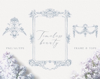 Op de afbeelding: Een digitale grafische set met een lichtblauw, sierlijk rechthoekig frame en twee decoratieve bovenelementen. De tekst "Timeless beauty" staat in het midden van het frame, met "PNG/AI/EPS" en "FRAME & TOPS" aan de zijkanten.