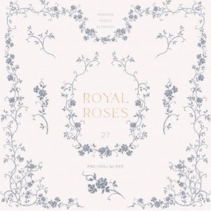 Può includere: Una collezione digitale di elementi grafici a tema rose blu, inclusi bordi, stemmi e viticci floreali. Il testo riporta BORDERS CRESTS ELEMENTS, ROYAL ROSES, 27 e PNG/SVG/AI/EPS. Il design presenta illustrazioni dettagliate di rose.