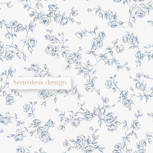 May include: A seamless design featuring a pattern of blue rose illustrations on a white background. The roses are sketched with delicate lines, and the text "Seamless design" is displayed on a torn paper banner.