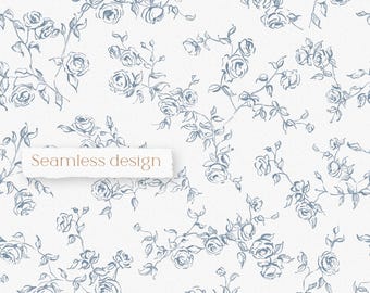Op de afbeelding: Een witte achtergrond met een herhalend patroon van blauwe rozenschetsen met stelen en bladeren. Een rechthoekige witte papieren strook met gescheurde randen ligt aan de linkerkant en toont de bruine tekst Seamless design.