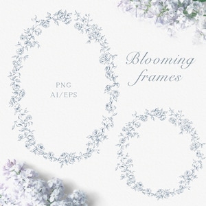 May include: Floral design elements featuring blue rose illustrations arranged in oval and circular frames. The image includes the text "Blooming frames" and file type information. The design is set against a white background with floral accents.