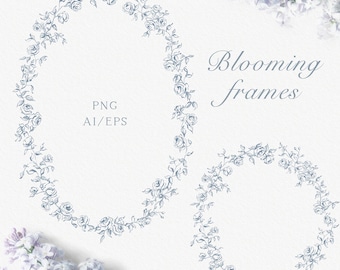 Op de afbeelding: Twee ovale kaders samengesteld uit blauwe lijntekeningen van rozen en bladeren. De tekst "Blooming frames" en "PNG AI/EPS" is in het blauw gedrukt. Het ontwerp bevat een groot verticaal ovaal kader en een kleiner rond kader op een witte achtergrond.