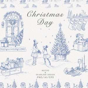 May include: Blue and white Christmas-themed illustration with various holiday scenes, including a decorated Christmas tree, children ice skating, and a dog in a gift box. The text "Christmas Day" is displayed.