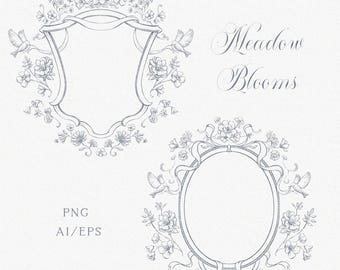 Stemma floreale con uccelli, logo femminile in stile Chinoiserie (PNG, AI, EPS)