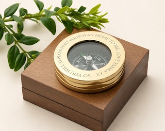 Personalized Brass Compass with Engraved Wooden Box Custom Nautical Gift Antique Style Pocket Compass