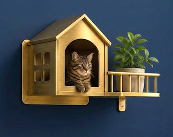 Casa moderna de latón de lujo para gatos, con estante flotante y estante de almacenamiento/exhibición, hecha a mano, ideal como condominio para gatos o mascotas.