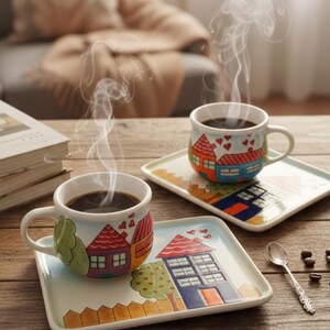 Könnte beinhalten: Zwei Keramik-Kaffeetassen mit passenden Untertassen, jede mit einem farbenfrohen Hausdesign verziert. Die Tassen sind mit dunklem Kaffee gefüllt, und Dampf steigt auf. Ein Löffel und Kaffeebohnen liegen auf dem Holztisch.