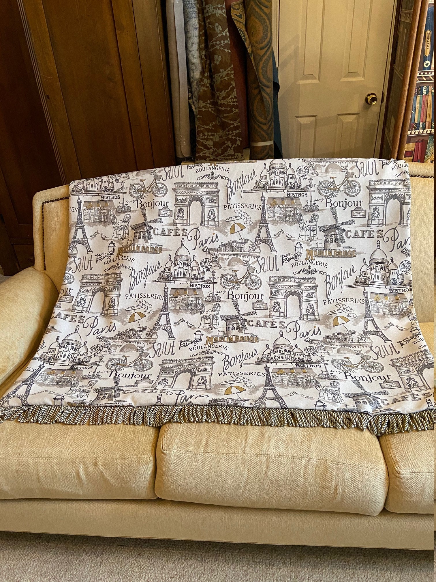French Throw Blanket Gray Gold Script and Sketches with Etsy