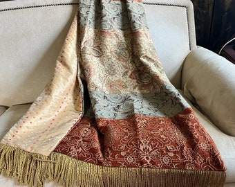 Custom Tapestry Throw Blanket,  Four Fabric Designer Throw, Gold Red Green Urban Chic, Medieval Tapestry, Boho Eclectic Home Decor, OOAK