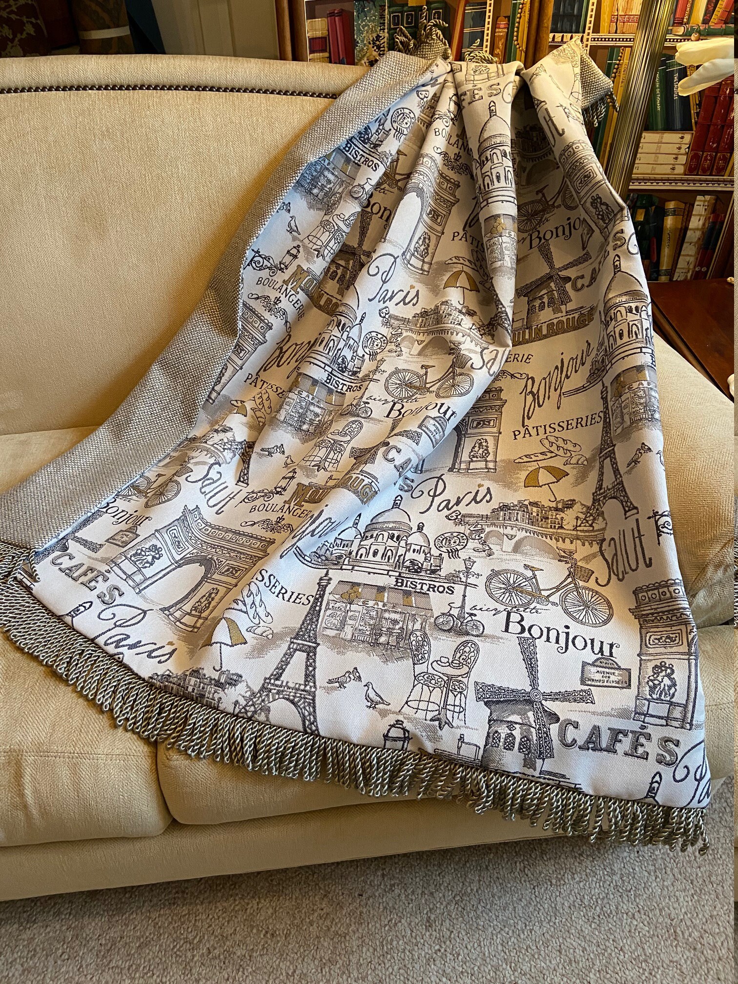 French Throw Blanket Gray Gold Script and Sketches With Etsy UK
