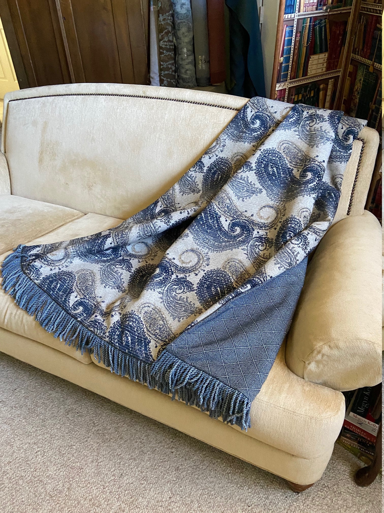 Navy Gray Paisley Throw Blanket Elegant Chenille and Linen Bed Runner Dark Blue Decor Upscale Bedding Design Warm Heavy Sofa Quilt Scarf Etsy UK