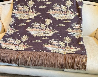 Toile Throw Blanket, Asian Garden Pagoda Design Fabric, Decorative Designer Throw OOAK Couch Bed Throw, Medieval Tapestry Hanging, USA Made