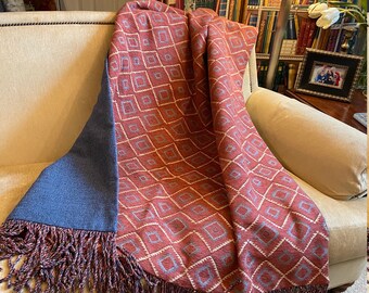 Red Diamond Chenille Throw Blanket, Southwestern Design, Bullion Fringe