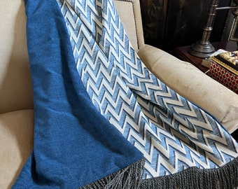 Blue Chevron Spring Throw Blanket, Unique Custom Look Blanket, Soft Supple Bedding, Bright Spring Home Decor, Modern Contemporary Throw OOAK