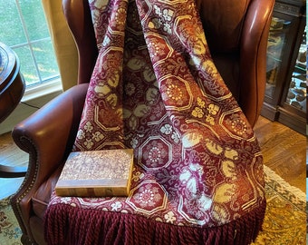 Heavy Chenille Tapestry Throw Blanket, Burgundy Merlot, Boho Fringe Quilt