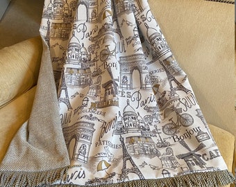 French Throw Blanket, Gray Gold Script Eiffel Tower Paris Landmarks, Designer Unique Elegant Bedding, France Home Furnishings OOAK