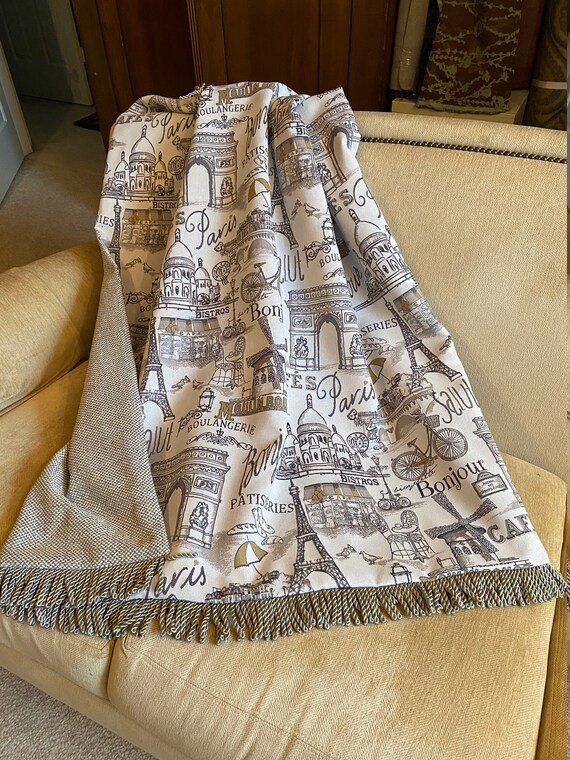 French Throw Blanket Gray Gold Script and Sketches With Etsy