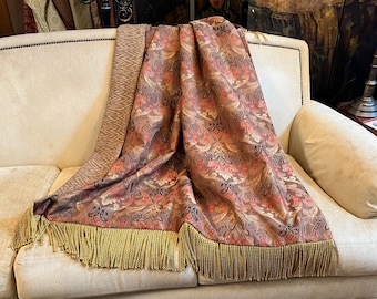 Earth Tone Brocade Throw Blanket with Chenille Backing, Elegant Decorative Throw, Medieval Tapestry Design, Upscale Unique Throw for Couch