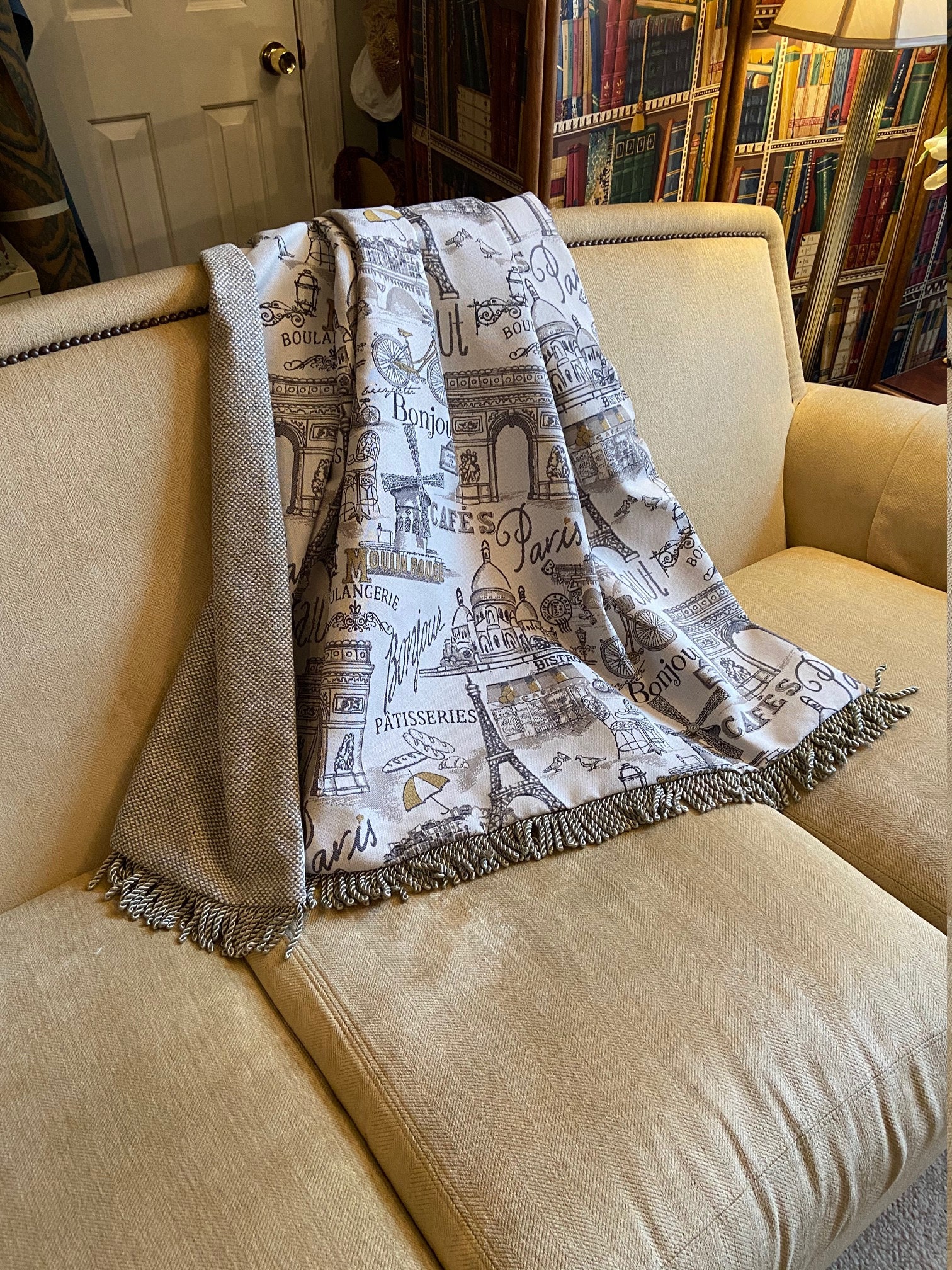 French Throw Blanket Gray Gold Script and Sketches With Etsy UK