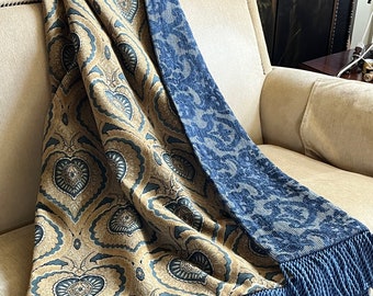 Blue Gold Throw Blanket, Modern European Tapestry, Lap Blanket, Weighted Blanket, Textured Boho Throw, Custom Designer Made, Reversible OOAK