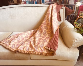 Paisley Throw Blanket, Red & Mustard, Upholstery Blend Fabrics, Ribbon Fringe