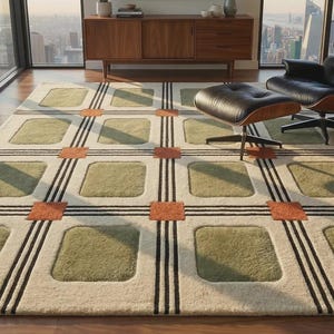 May include: A rectangular area rug with a geometric pattern. The rug features a cream-colored background with olive green squares and black and orange accents. The rug is placed in a room with a modern chair and ottoman.