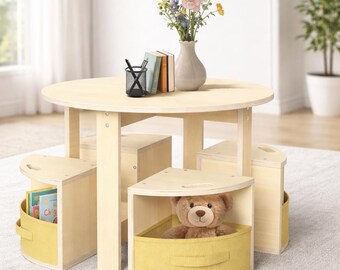 Kids Activity Table Set with 4 Storage Stools, Light Wood Play Furniture