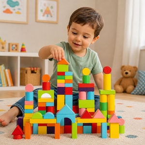 May include: A set of colorful wooden building blocks arranged into a castle structure. The blocks are various geometric shapes including cubes, cylinders, triangles, and arches in shades of red, orange, yellow, green, blue, and purple.
