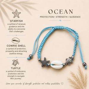 May include: A light blue braided cord bracelet featuring a silver-toned starfish charm, a white cowrie shell, and a silver-toned turtle charm. The image includes text describing the ocean, starfish, cowrie shell, and turtle symbolism.