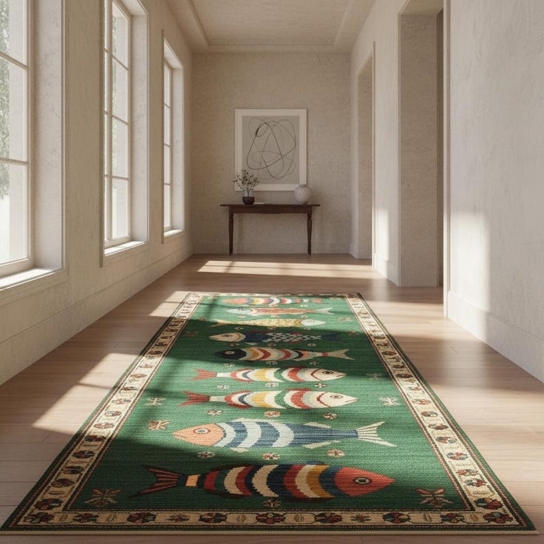 Hand-knotted Wool Fish Runner Rug – Contemporary Boho Hallway Entryway ...