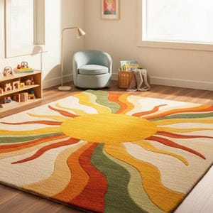 Mid Century Modern Sunburst Wool Area Matta – Senapsgrön Retro Matta