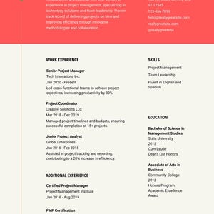 May include: A resume template with a red header and a light background. The resume includes sections for work experience, skills, and education. The resume lists project management experience and skills, including team leadership and fluency in English and Spanish.