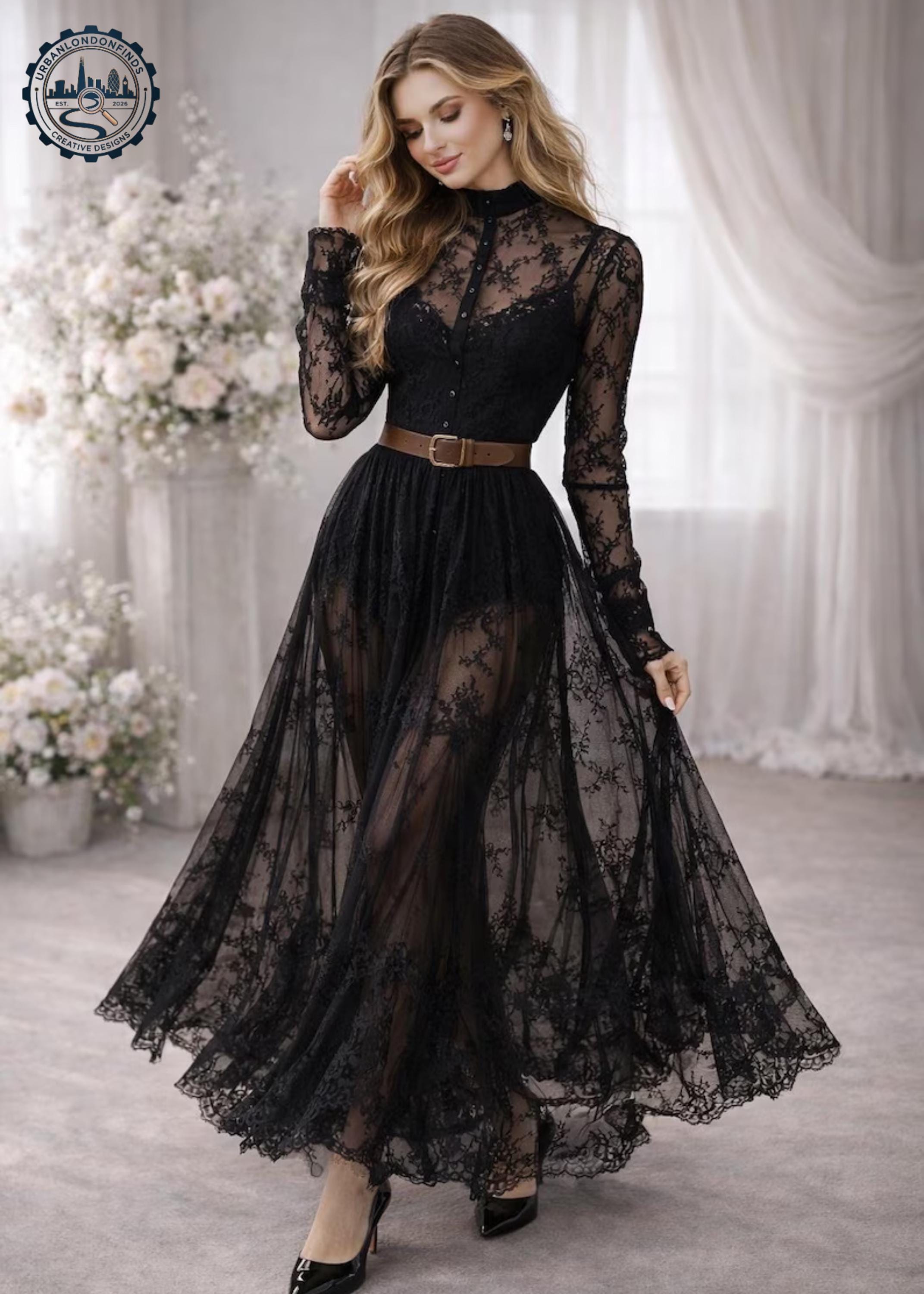 Long sheer lace black dress