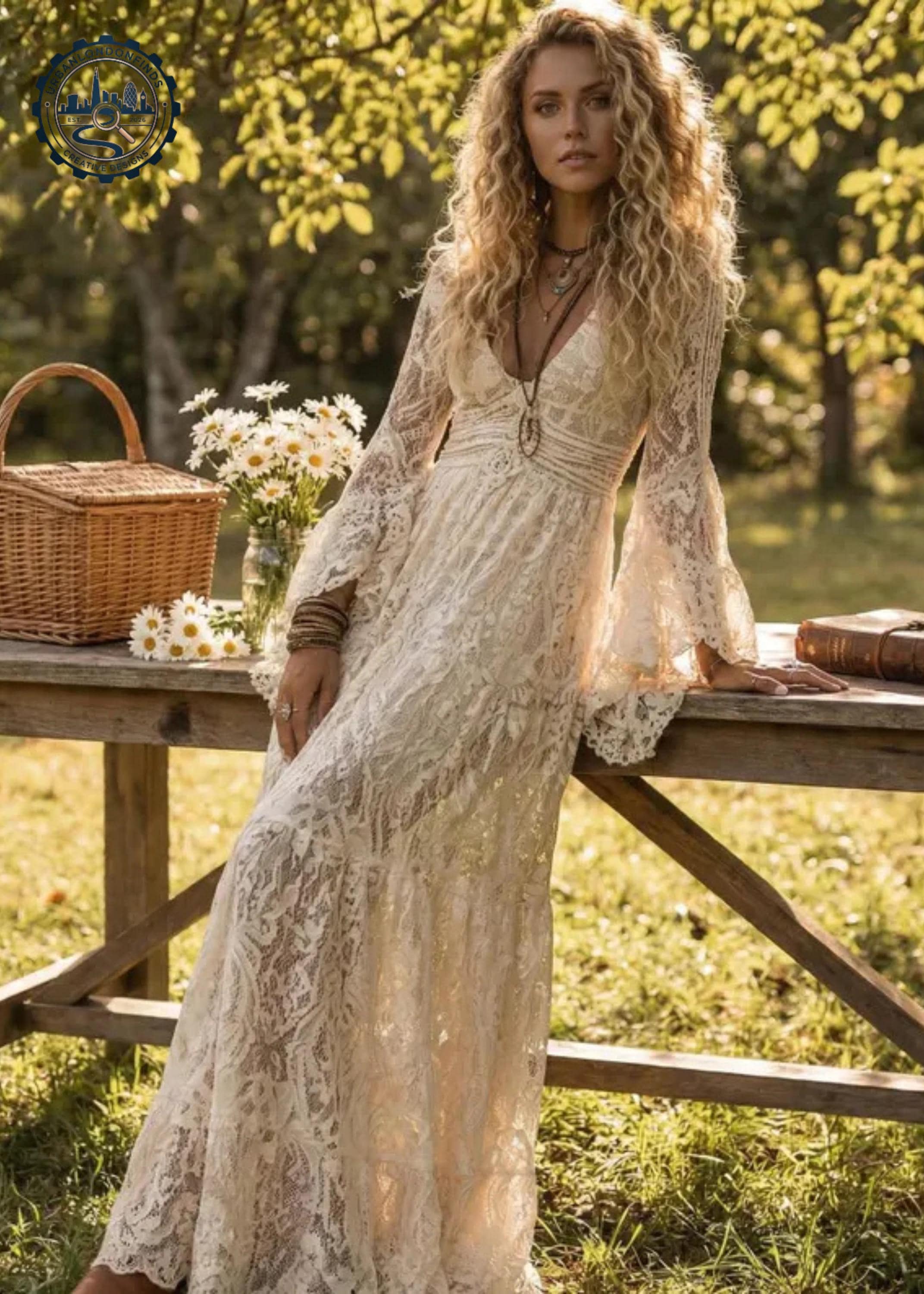 ivory lace boho dress Ivory Lace Backless Long Sleeves Boho Wedding Dresses, Bridal Gown, MW569