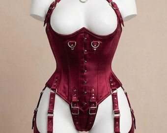 Corsé de satén hecho a mano con varillas de acero y cordones en la parte delantera, estilo bustier, color burdeos.