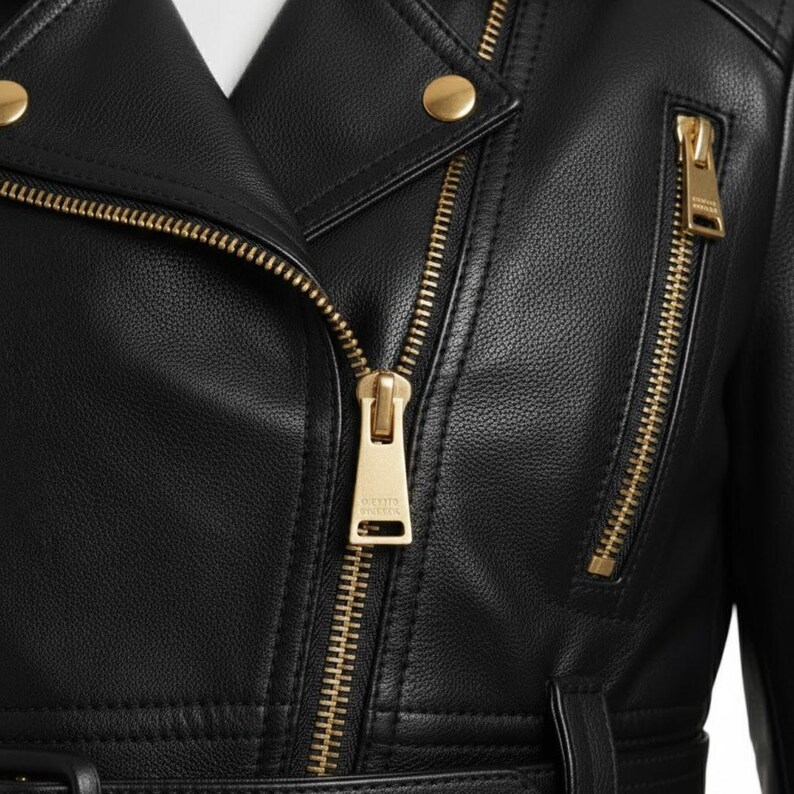 May include: Close-up of a black leather jacket with gold-colored zippers and hardware. The jacket features a classic asymmetrical design with a notched collar and a belt at the waist. The zippers are visible on the front and sleeves.