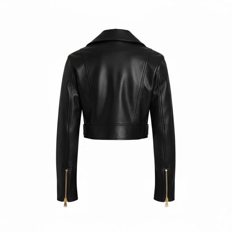 May include: Black leather jacket with a notched collar, long sleeves, and a cropped waist. The jacket features a belt detail at the waist and gold-toned zippers on the sleeves. The back view of the jacket is shown against a white background.